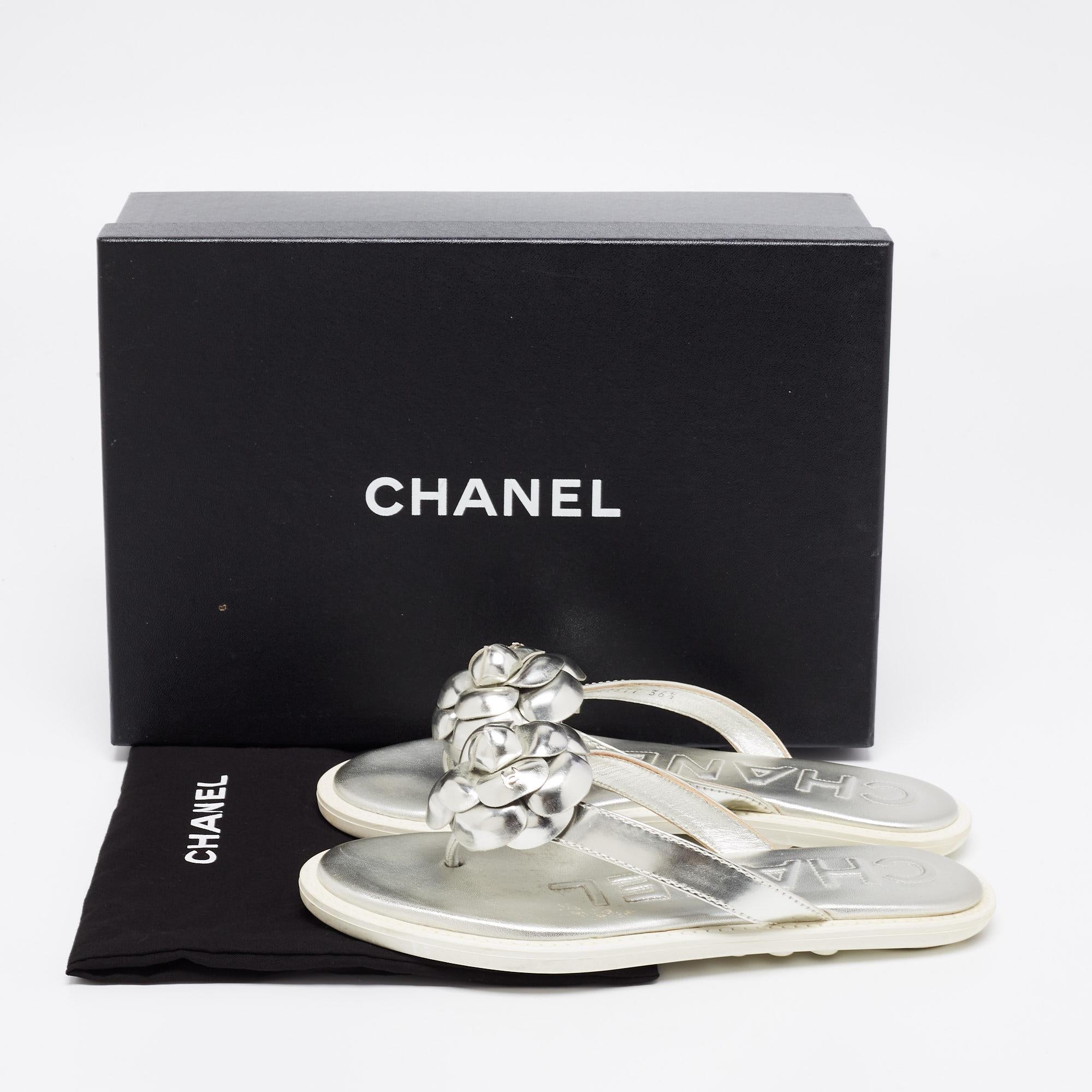 Chanel Leather CC Camellia Flat Flip Flop Thong Sandals Size 36.5 4