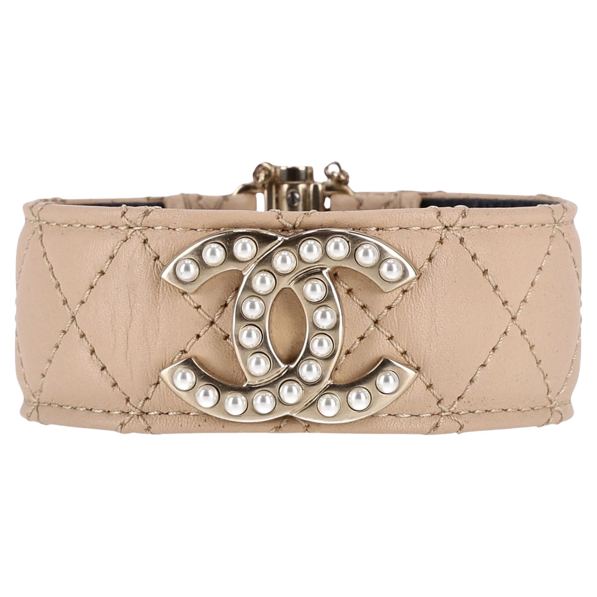 Chanel Leather Cuff Bracelet With Pearl 'CC' Logo