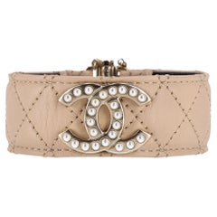 Chanel Leather Cuff Bracelet With Pearl 'CC' Logo