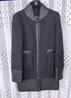Chanel Leather Detail Black Tweed Jacket 38 FR