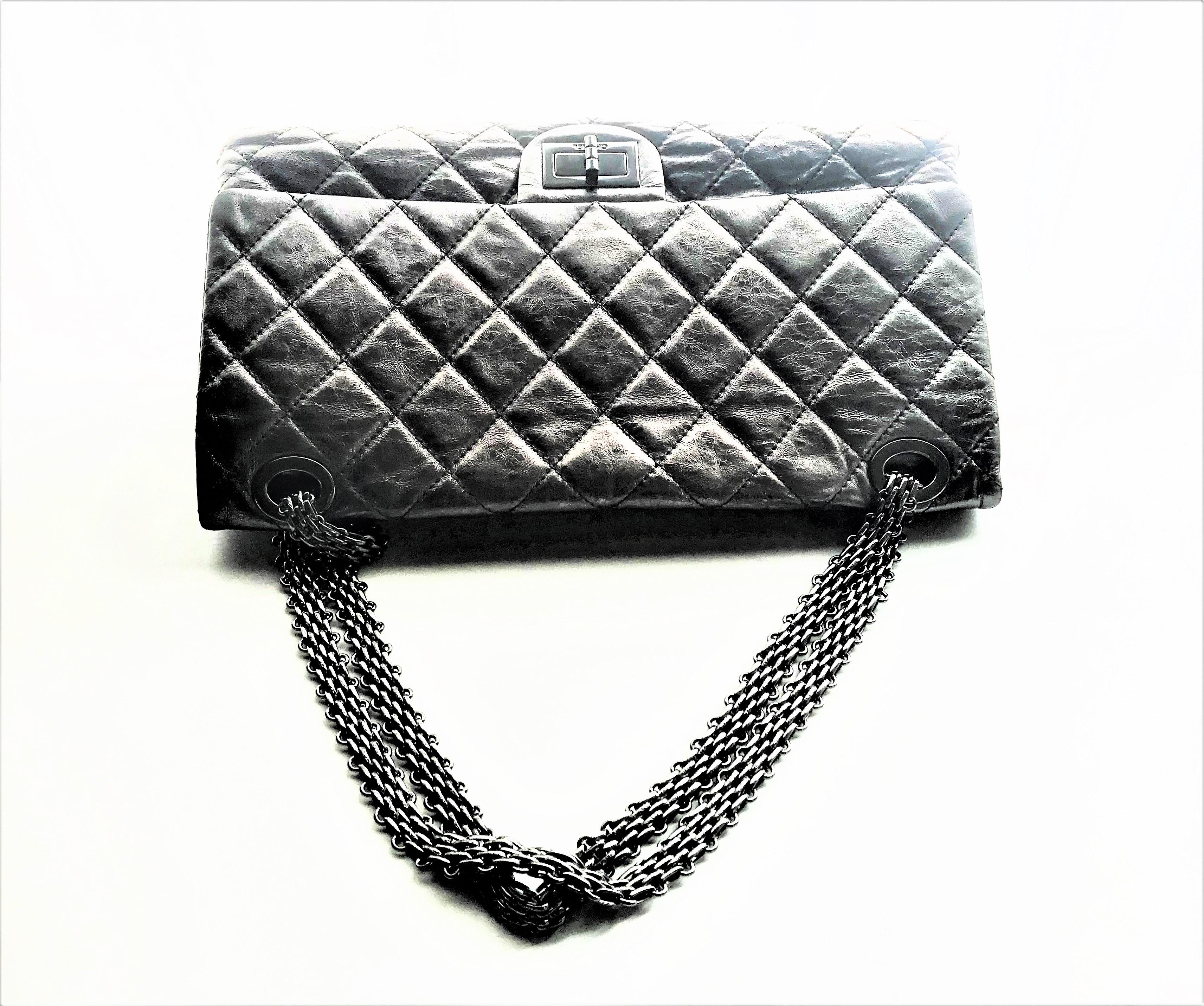 Chanel leather distressed silver Reissure 2, 55 maxi double flap bag 2000s For Sale 6