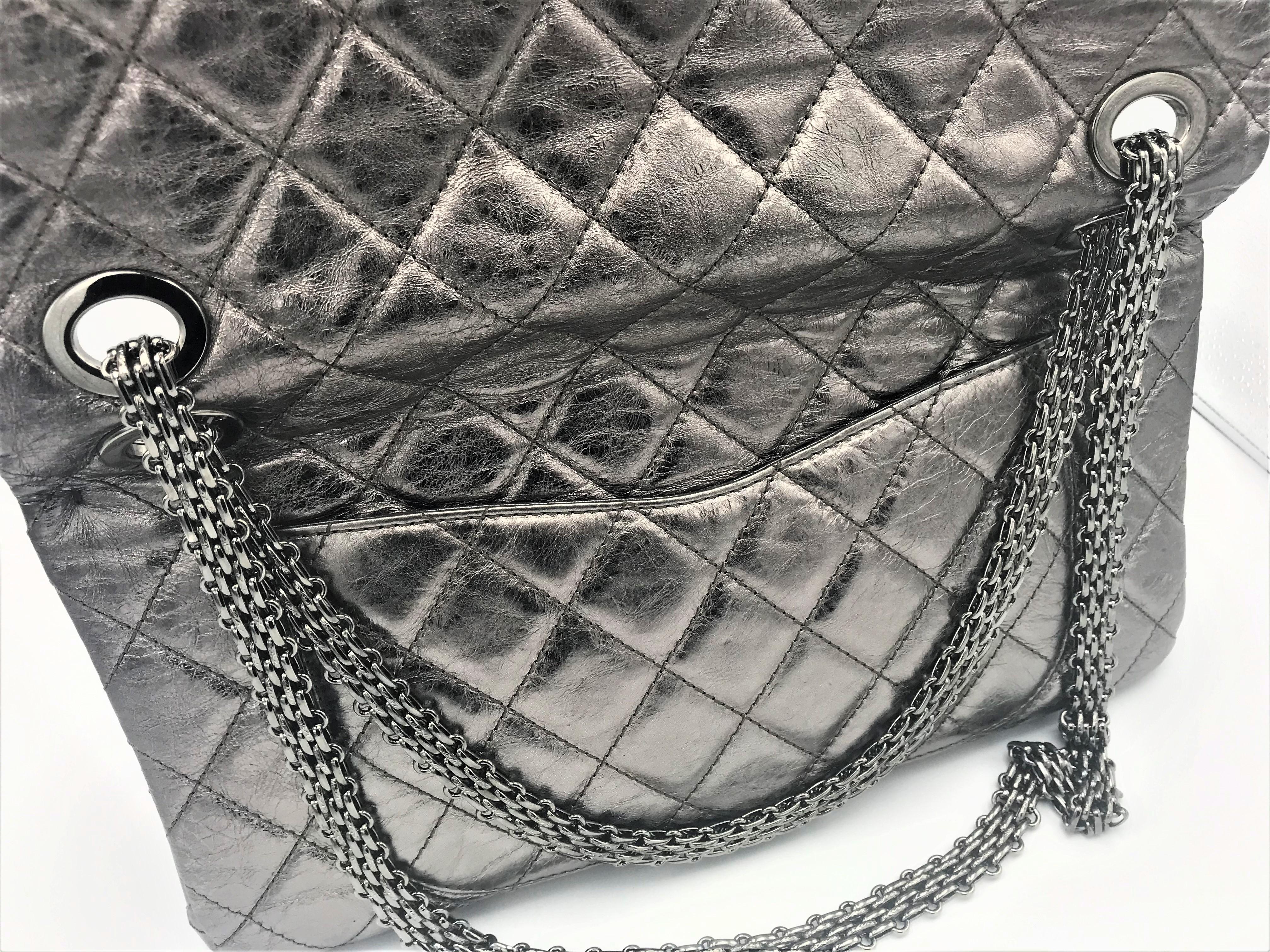Chanel leather distressed silver Reissure 2, 55 maxi double flap bag 2000s For Sale 3