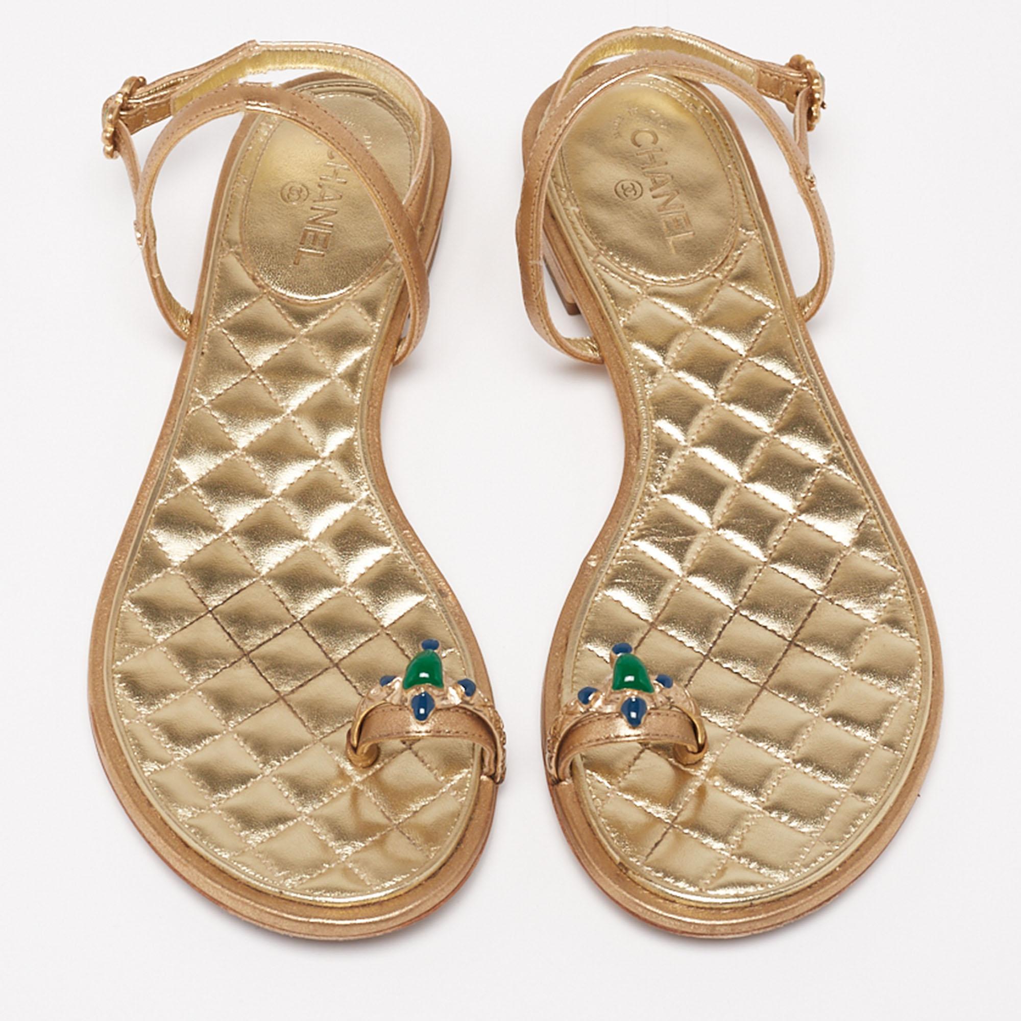 Beige Chanel Leather Enamel Embellished Toe Ring Ankle Strap Flat Sandals Size 37.5