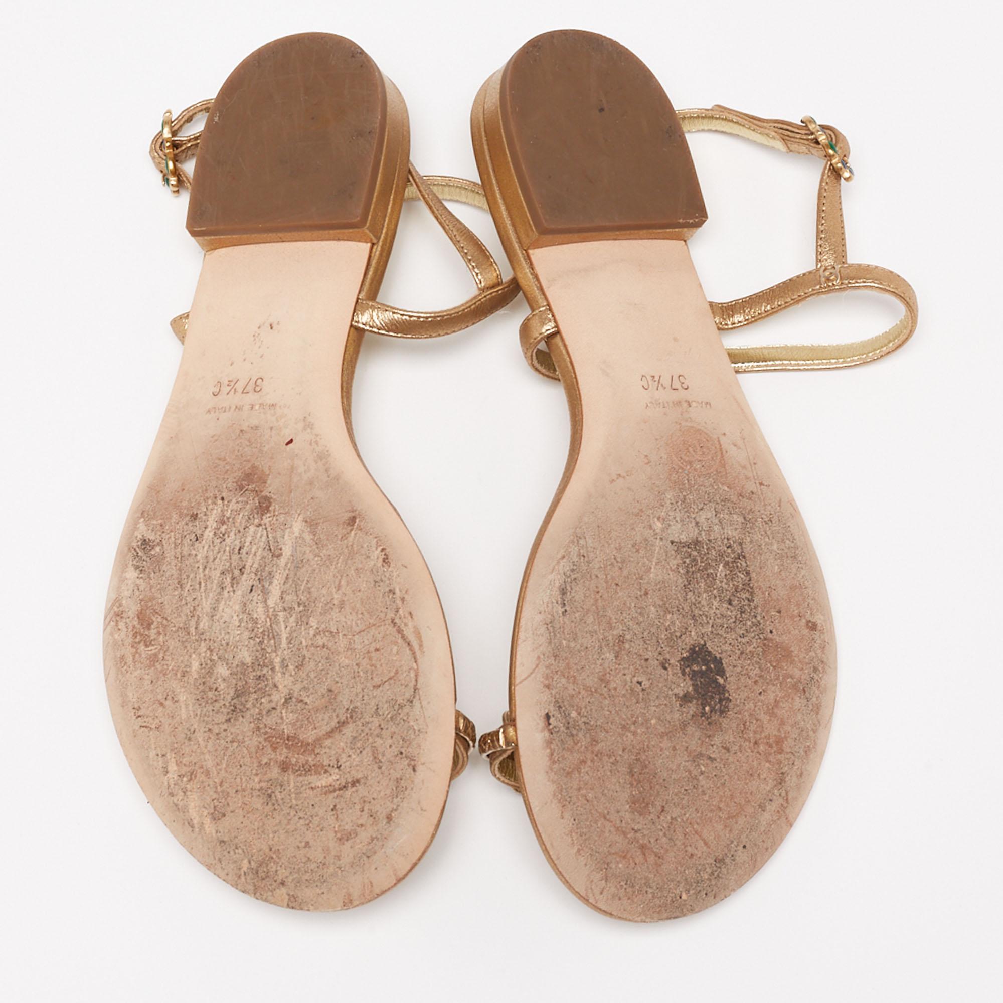 Chanel Leather Enamel Embellished Toe Ring Ankle Strap Flat Sandals Size 37.5 1