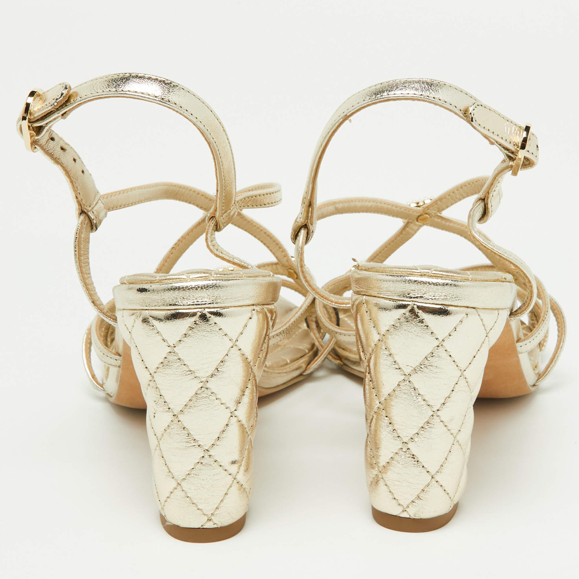 Chanel Leather Faux Pearl 5CC Ankle Strap Block Heel Sandals Size 36.5 1