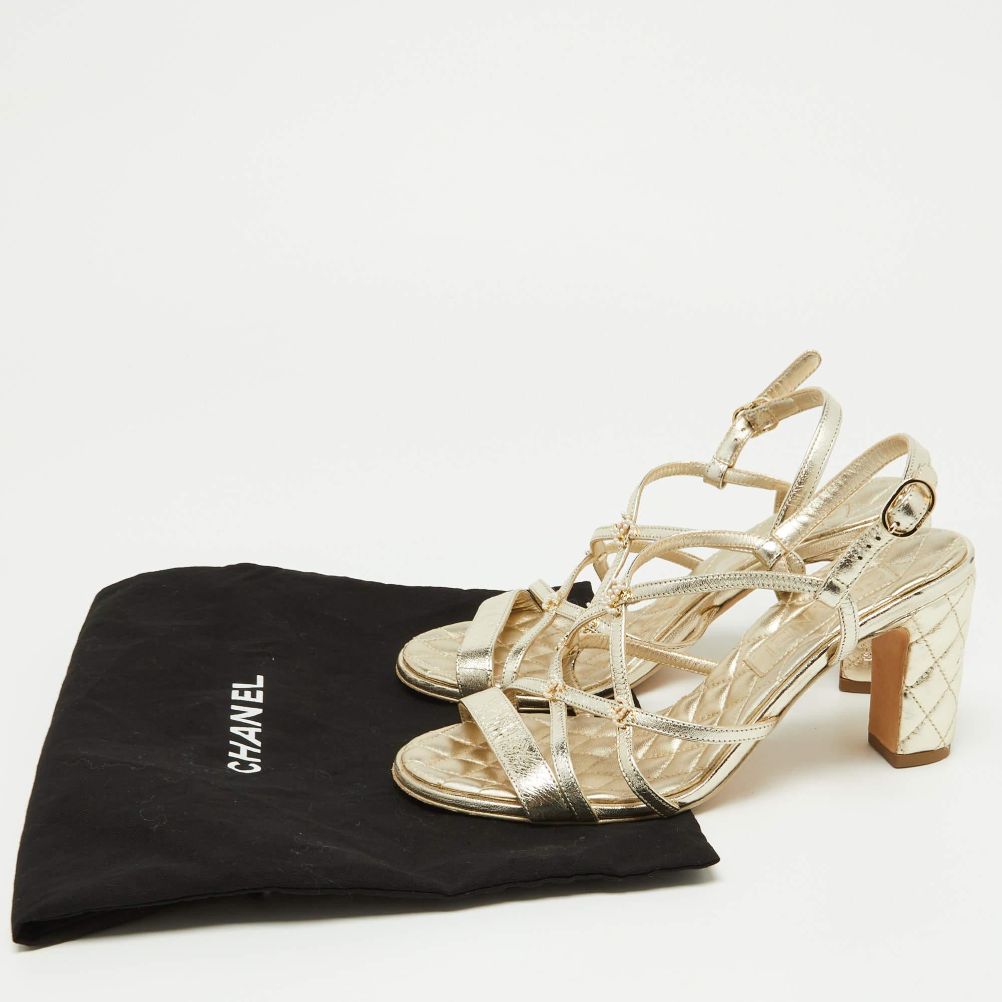 Chanel Leather Faux Pearl 5CC Ankle Strap Block Heel Sandals Size 36.5 4