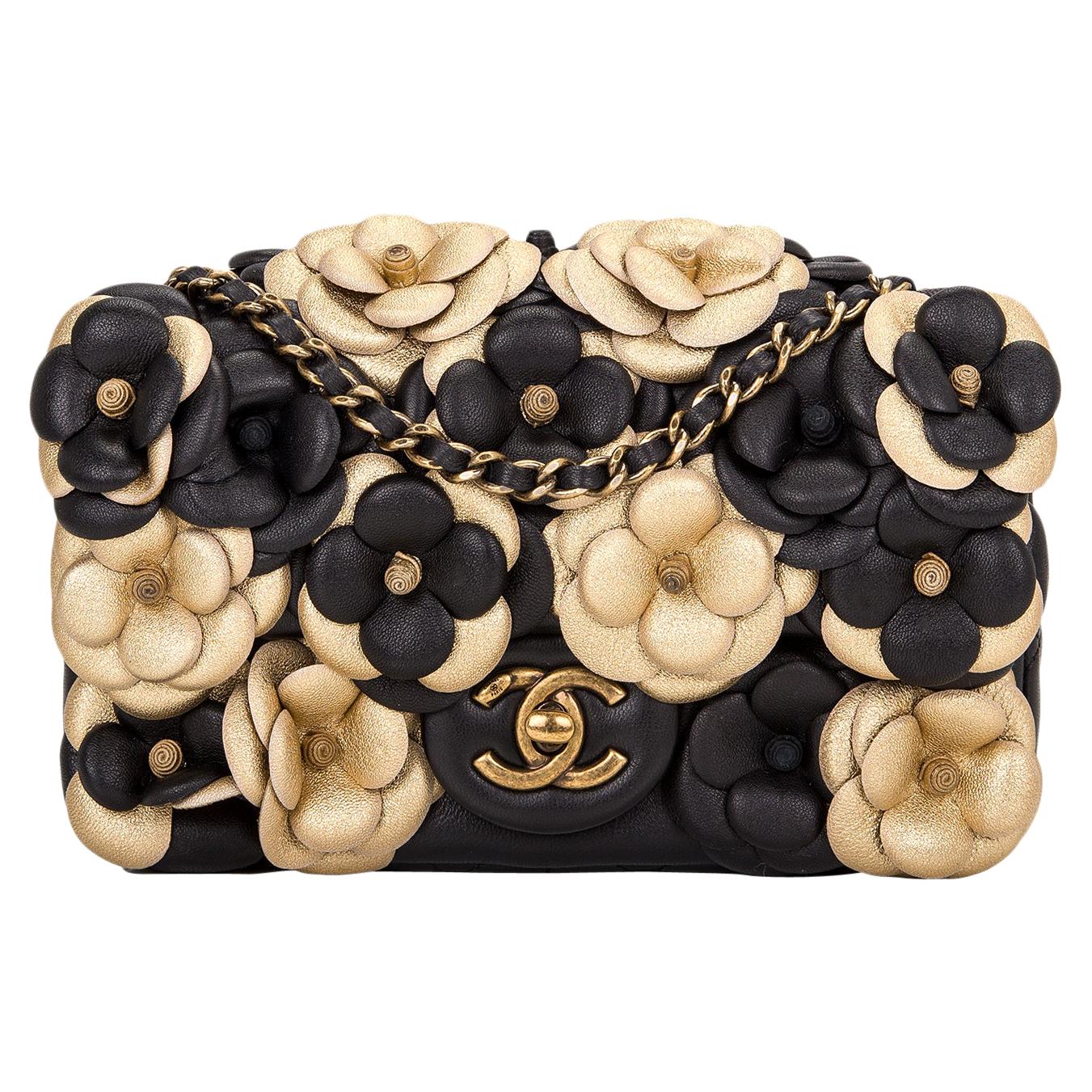 Chanel Leather Gold Black Bouquet Flowers Small Mini Evening Shoulder