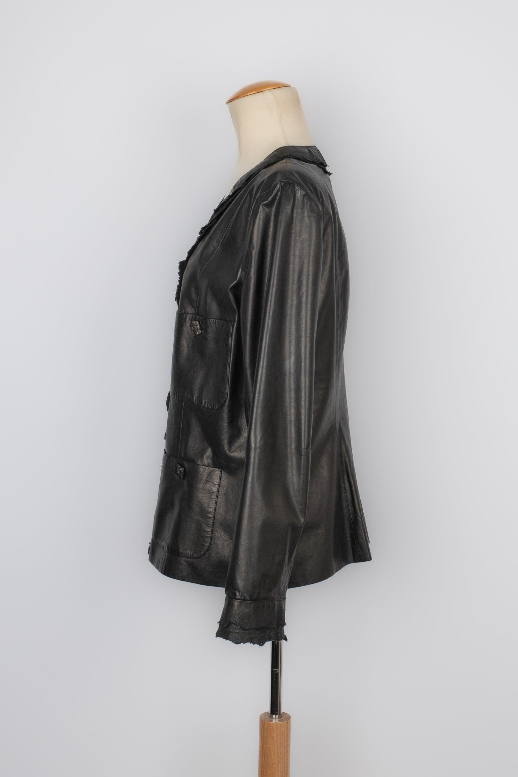 Women's Chanel Leather Jacket in Black Calfskin and Silk Lining For Sale