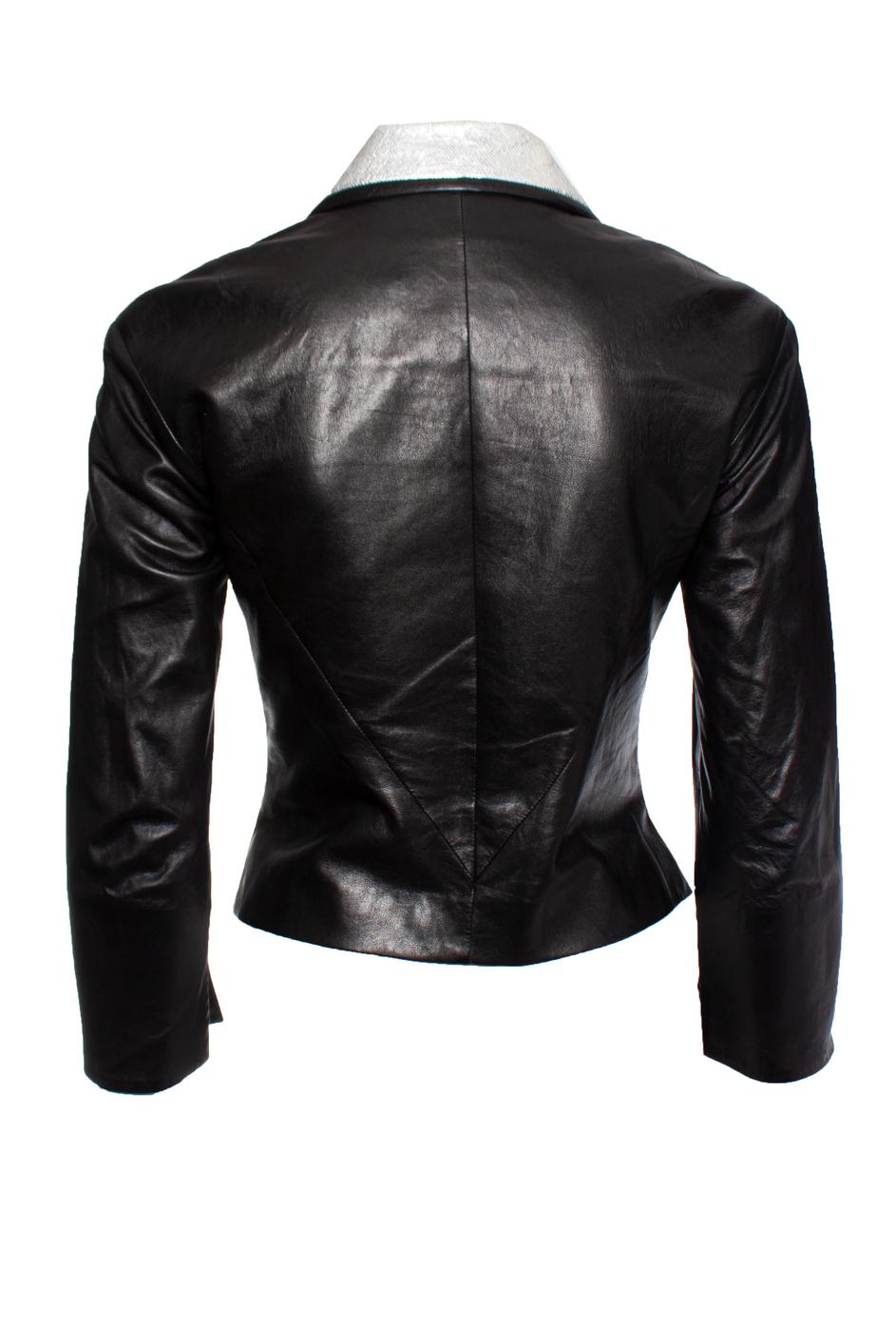 Black Chanel, leather jacket with silver collar For Sale