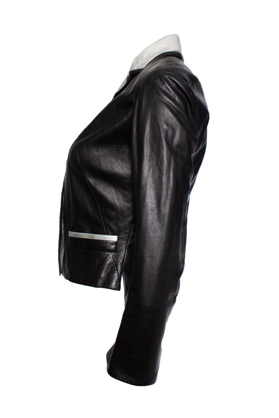 Chanel, leather jacket with silver collar In Excellent Condition For Sale In AMSTERDAM, NL