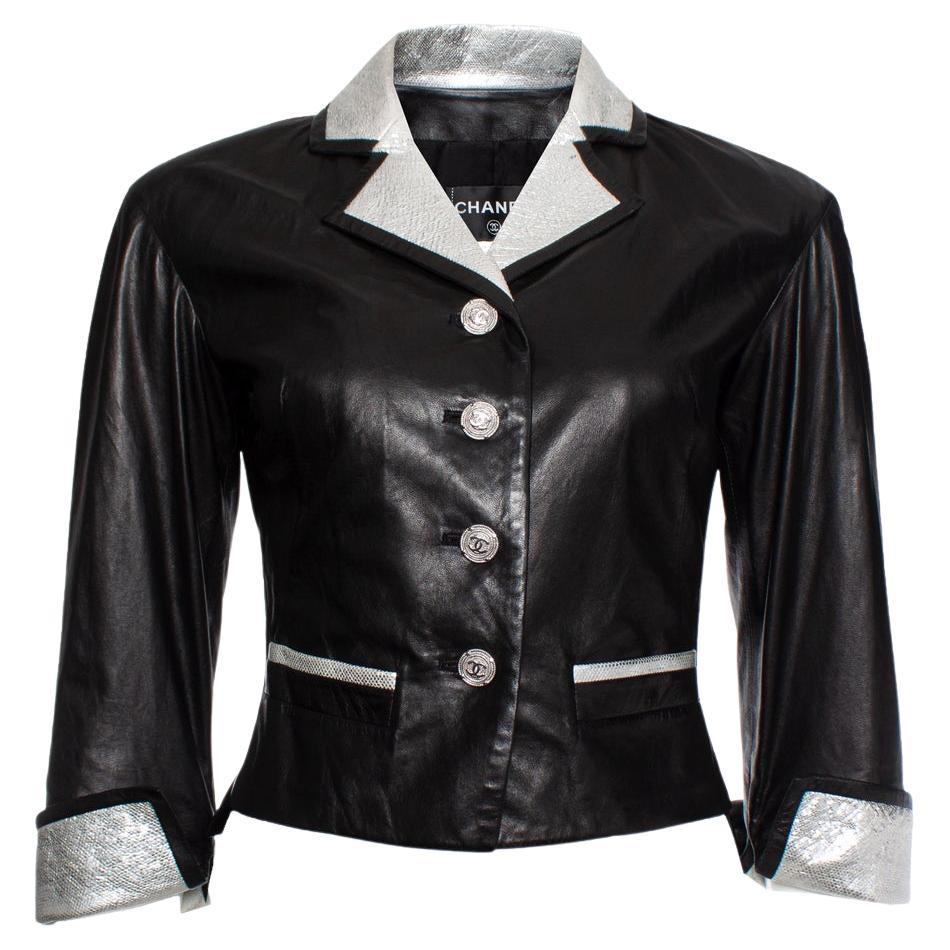 Chanel, leather jacket with silver collar For Sale