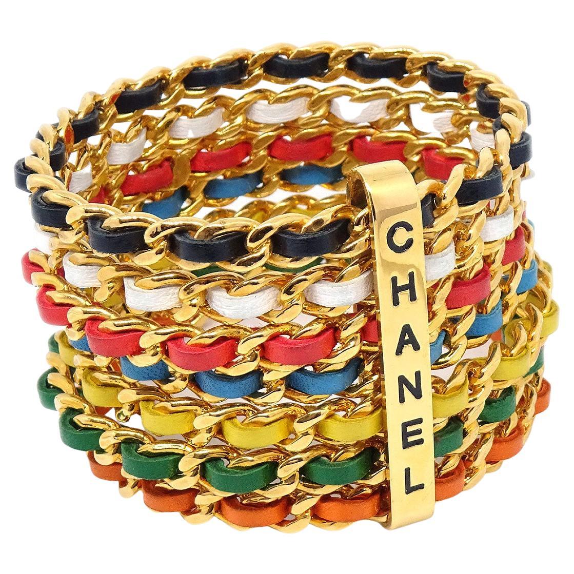 CHANEL Leather Multi Color Rainbow Gold Metal Charm Cuff Bracelet