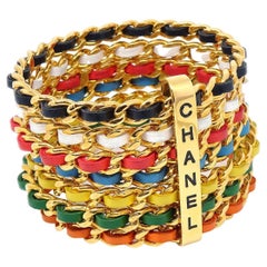 Vintage CHANEL Leather Multi Color Rainbow Gold Metal Charm Cuff Bracelet