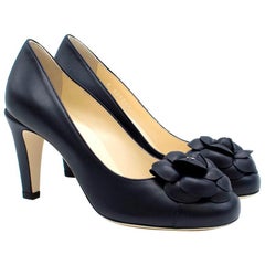 Chanel Leather Navy Camellia Round Toe Pumps 36.5 (IT)