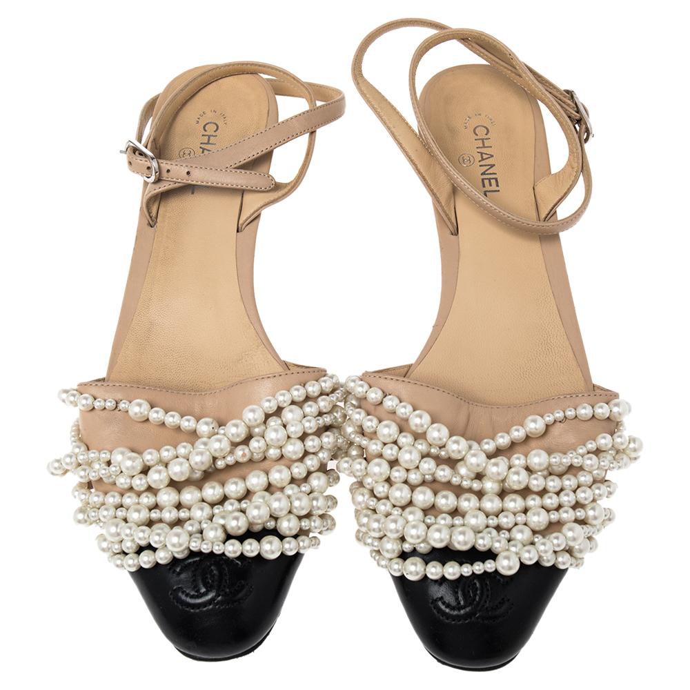 Beige Chanel Leather Pearl Embellished CC Cap Toe Ankle Strap Flats Size 39