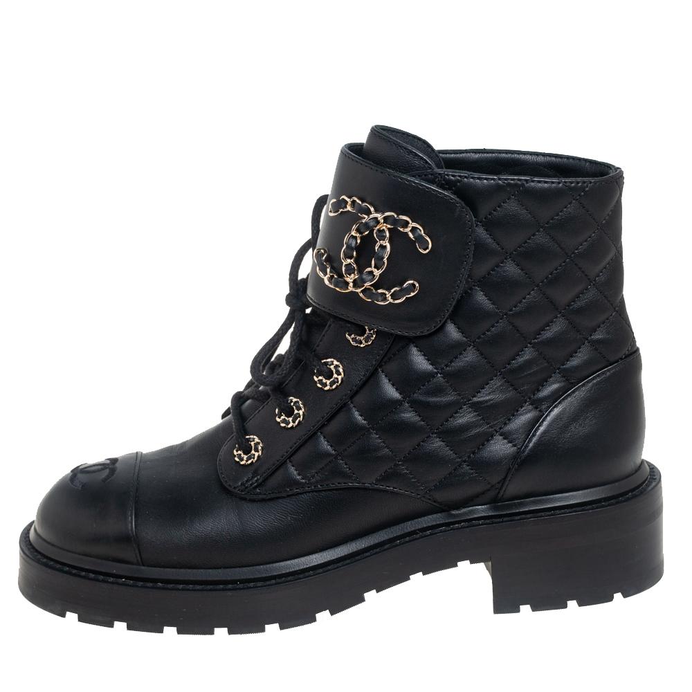 Made from leather, this Chanel pair is an understated style to wear endlessly. They're made in Italy and features quilt detailing, CC logo, laces, and round toes. The raised sole adds an elevated touch.

Includes: Original Dustbag, Original Box,