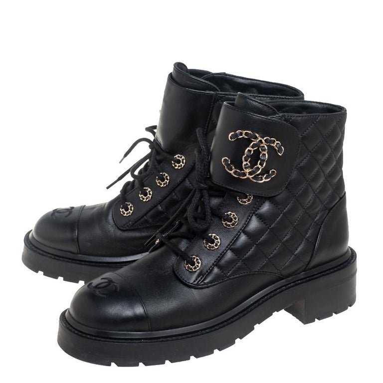 Chanel Leather Quilted Gold CC Logo Chain Combat Lace Up Tie Ankle Boots  Size 39 at 1stDibs