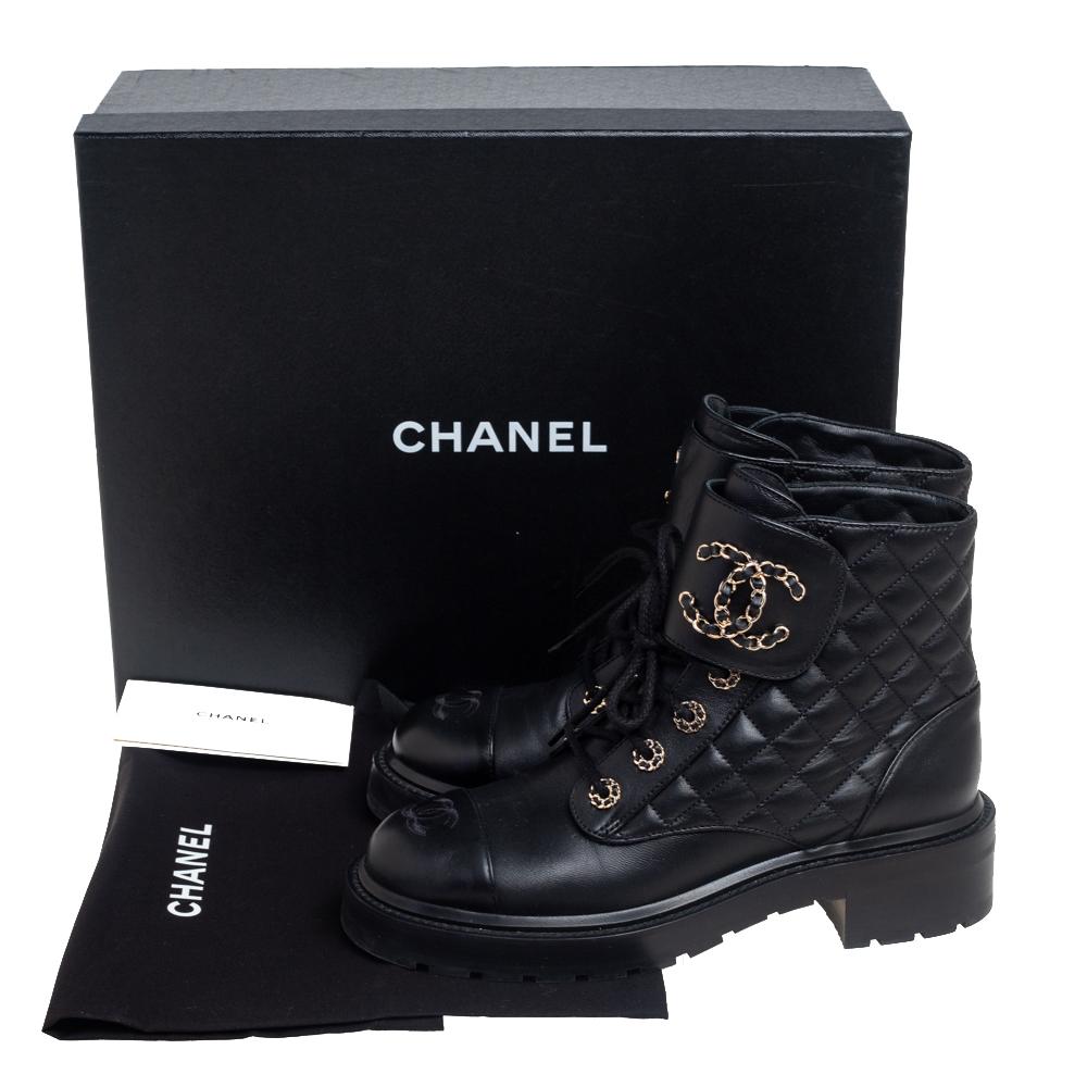 Women's Chanel Leather Quilted Gold CC Logo Chain Combat Lace Up Tie Ankle Boots Size 39