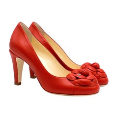 Chanel Leather Red Camellia Round Toe Pumps SIZE 36.5