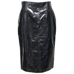 CHANEL Leather Skirt Pencil BLACK Lambskin Vent Rome Gunmetal 2016 Sz 40
