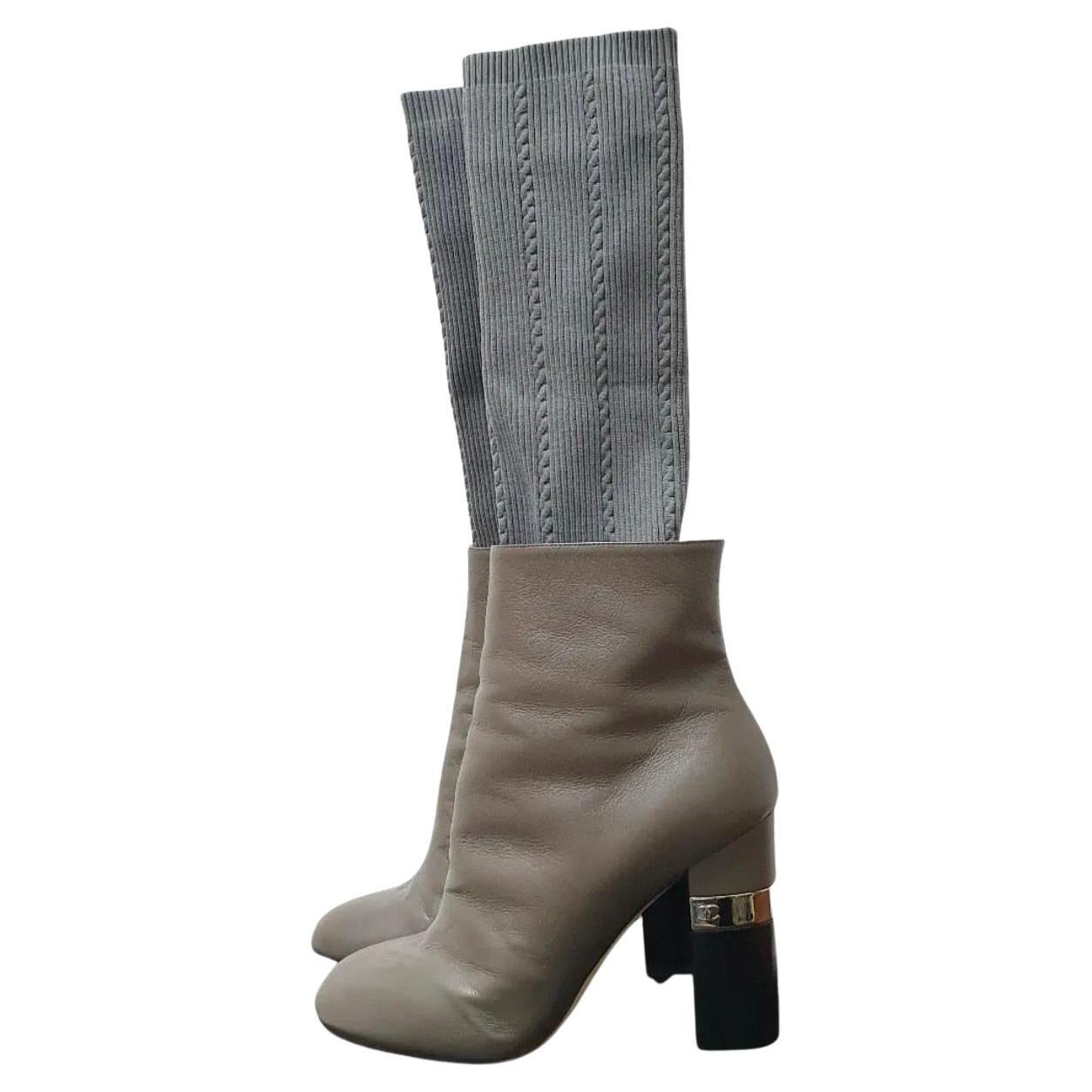 Chanel Leather Texlile Socks Heeled Boots For Sale