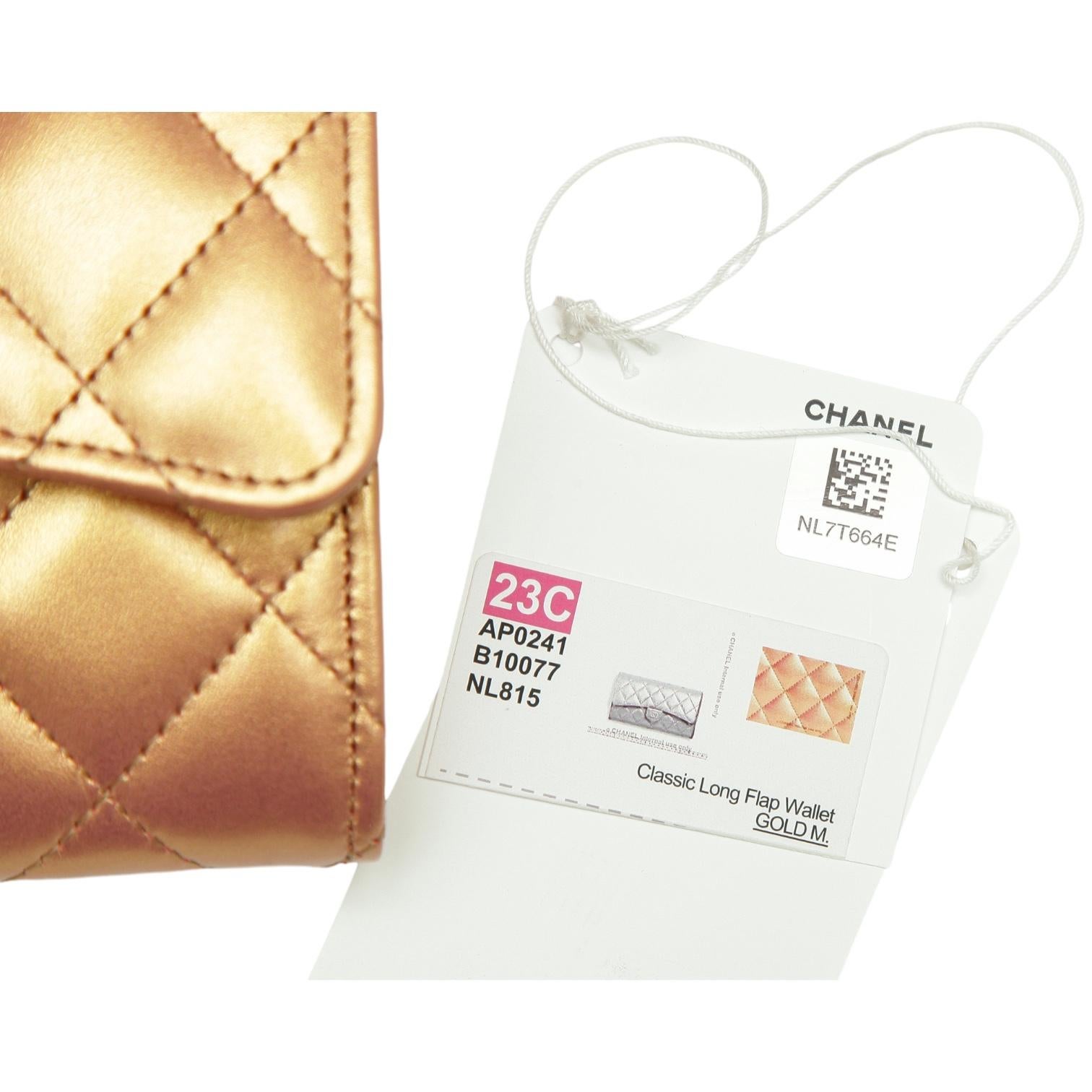 CHANEL Leather Wallet Long Flap Metallic Gold Quilted Case Gold CC HW 23C 2023 For Sale 9