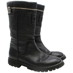 Used Chanel Leather Zip Detail Biker Boots	SIZE 39