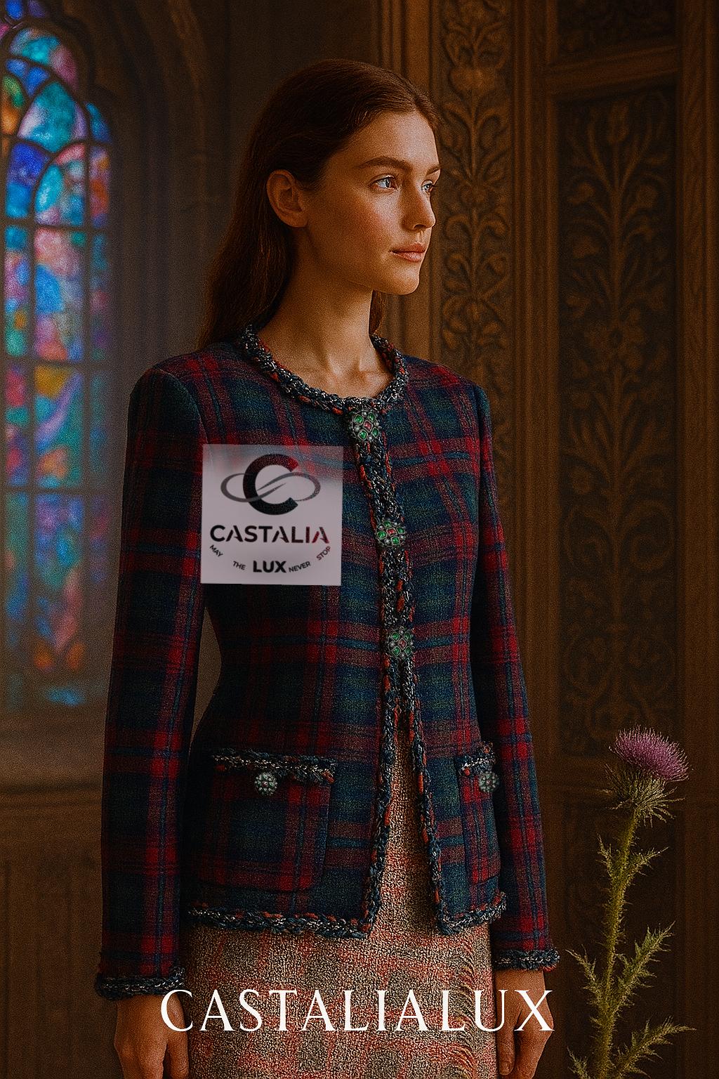~ Dalla leggendaria collezione Métiers d'Art Paris / EDINBURGH 2013 di Karl Lagerfeld, 
Questa giacca di lana tartan non è un semplice capo d'abbigliamento, ma è l'asse su cui si è basata l'intera collezione, come testimoniato da ADS Campaigner e da