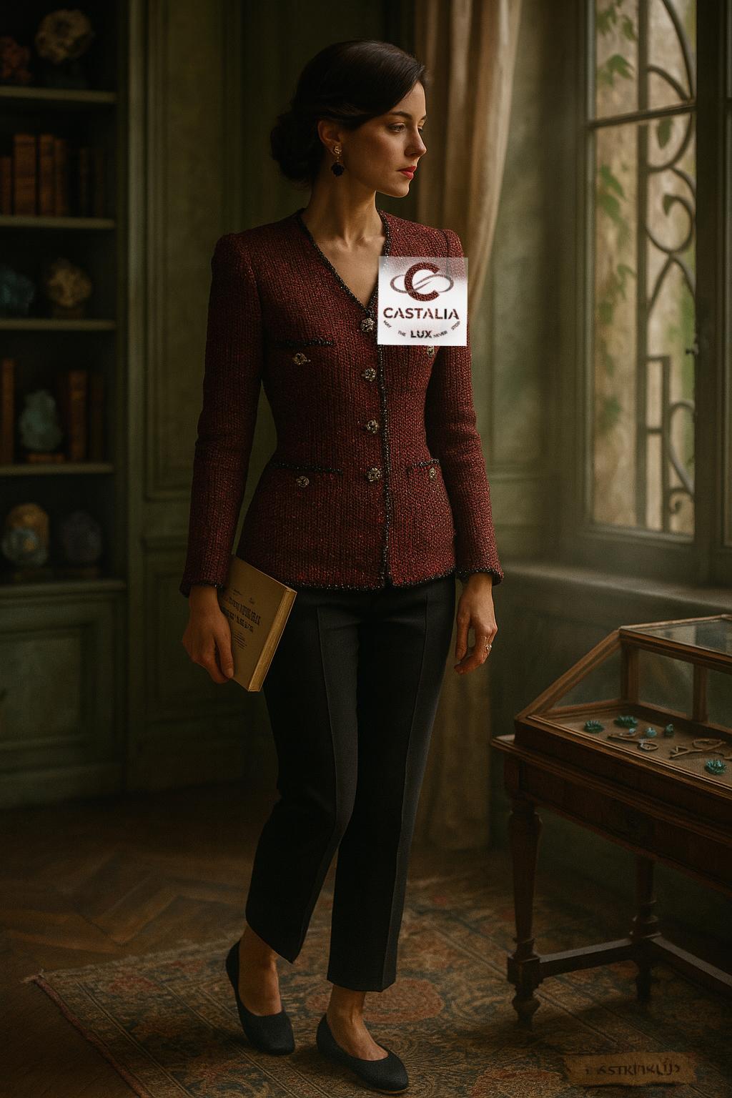 Brown CHANEL Legendary Burgundy Tweed Jacket 40 FR For Sale
