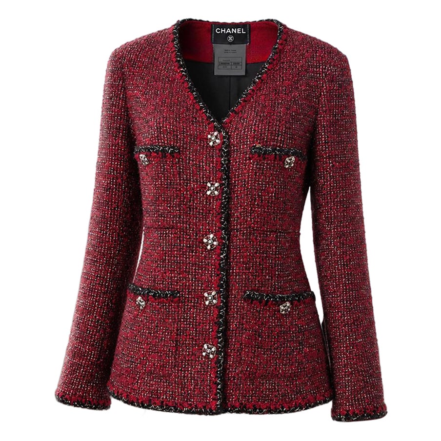 CHANEL Legendary CC Gripoix Buttons Burgundy Tweed Jacket 42 FR