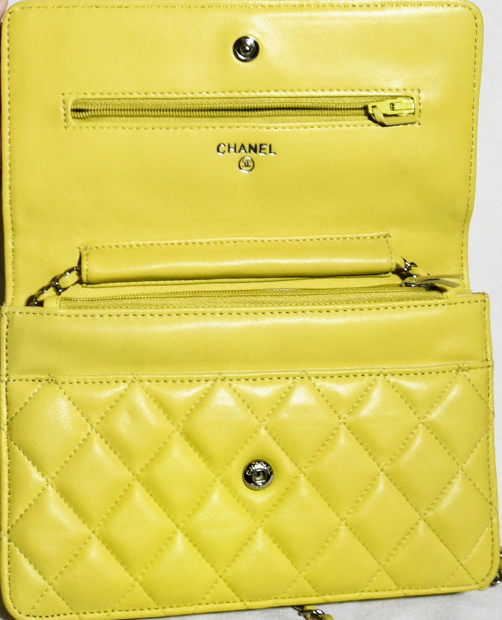 Yellow Chanel Lemon Lime Quilted Leather W/ Silver Tone Shoulder Chain Link Flap Wallet
