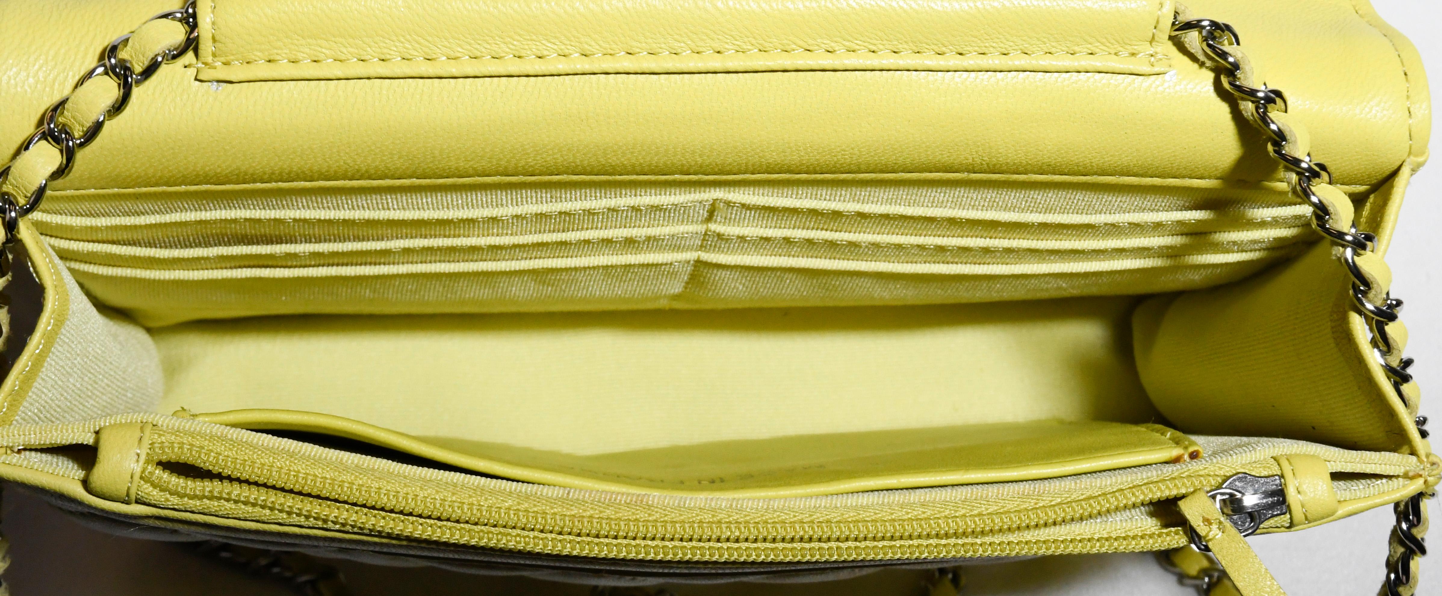 Chanel Lemon Lime Quilted Leather W/ Silver Tone Shoulder Chain Link Flap Wallet In Excellent Condition In Palm Beach, FL