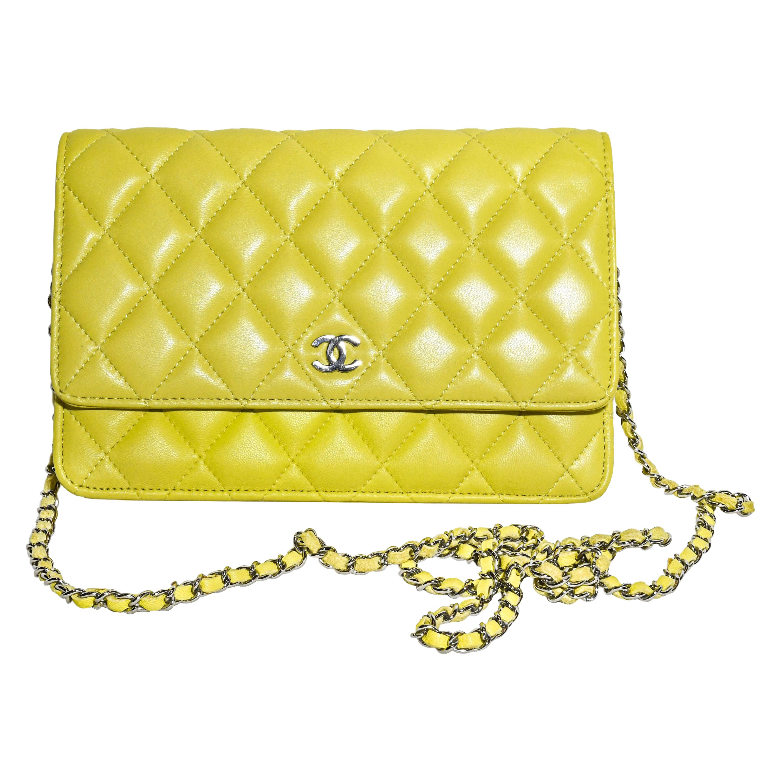Chanel Lemon Lime Quilted Leather W/ Silver Tone Shoulder Chain Link Flap Wallet