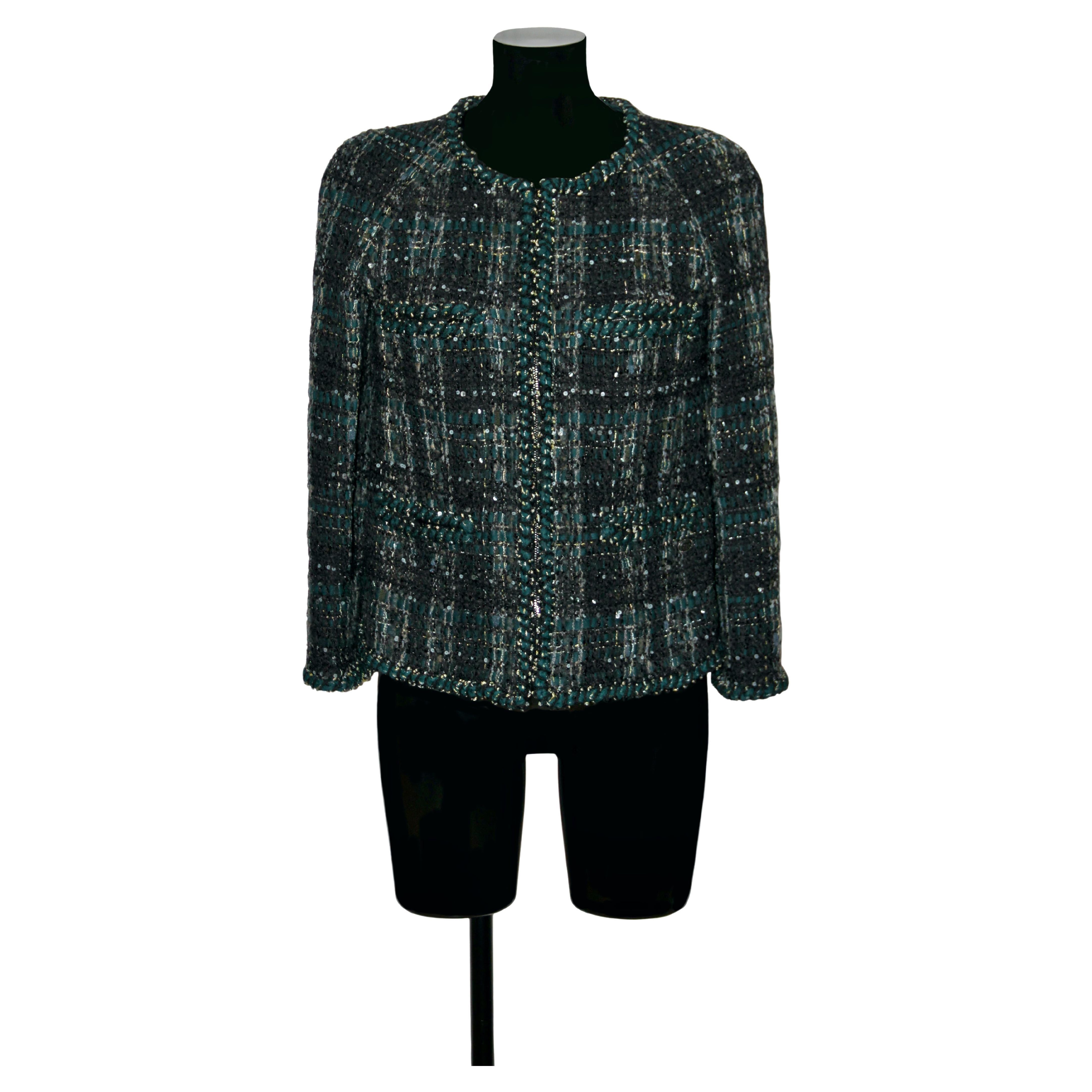 Chanel Lesage Black and Green Tweed Jacket with Sequins at 1stDibs