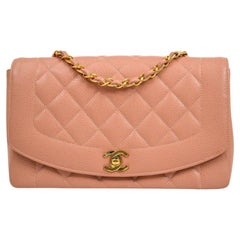 Vintage CHANEL Light Baby Pink Diana Caviar 24K Gold Evening Medium Shoulder Flap Bag