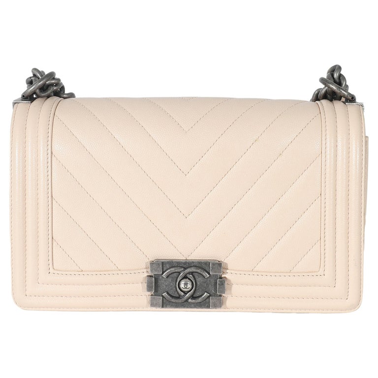 Chanel Light Beige Chevron Quilted Caviar Leather Medium Boy Bag For Sale  at 1stDibs