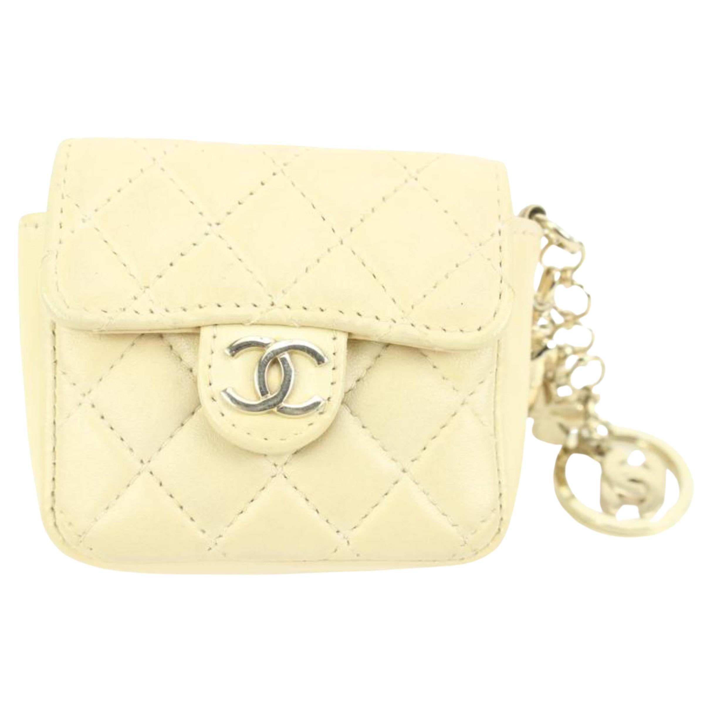 Chanel Light Beige Cream Quilted Leather Micro Flap Charm Bag Mini 48cz47 For Sale