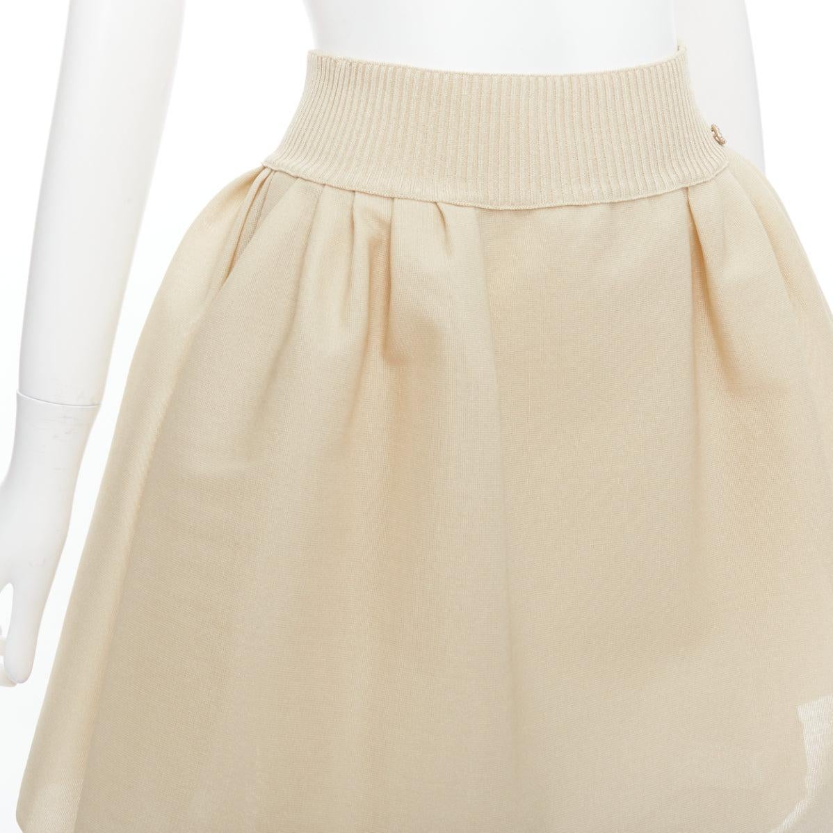 CHANEL light beige gold CC logo button flared skater skirt FR40 L For Sale 2