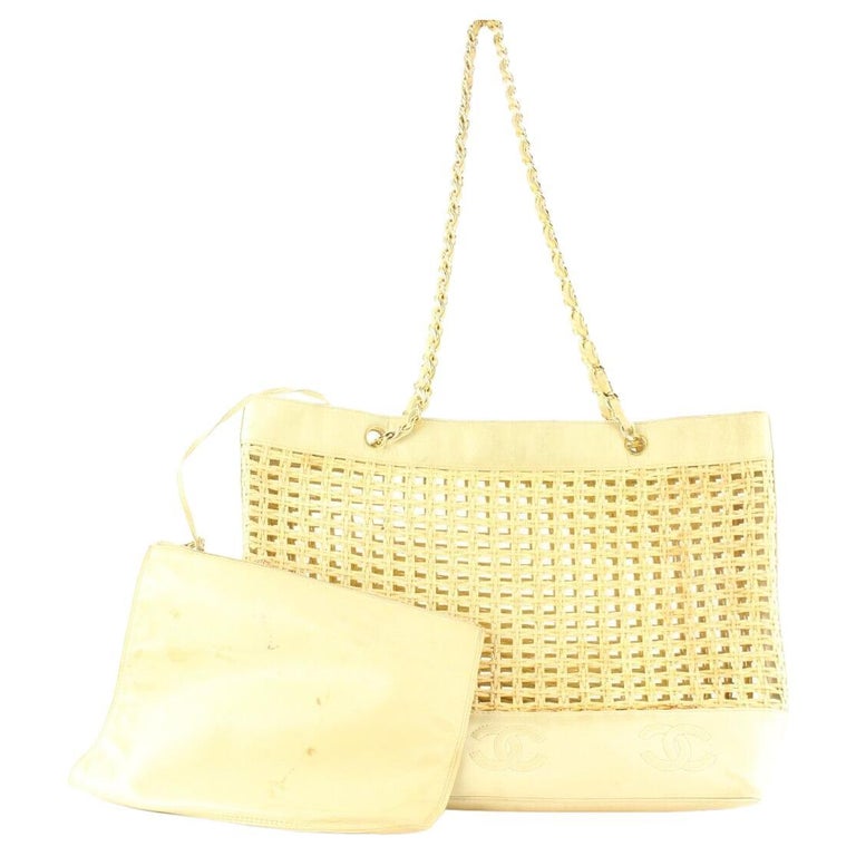 Chanel Light Beige Lambskin Raffia Wicker Basket Chain Tote with Pouch  6CK0418 For Sale at 1stDibs