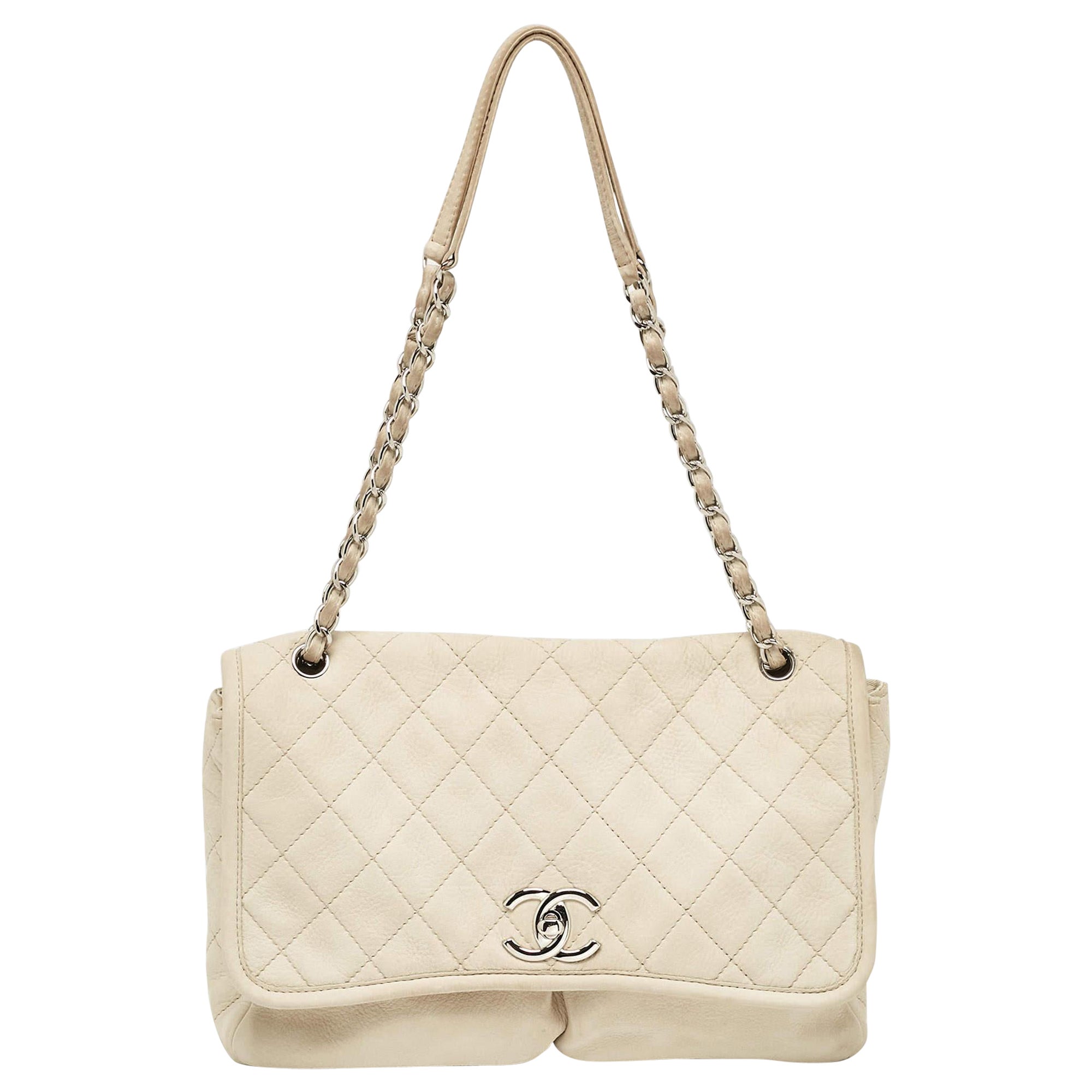 Chanel Light Beige Nubuck Leather Split Pocket Flap Bag