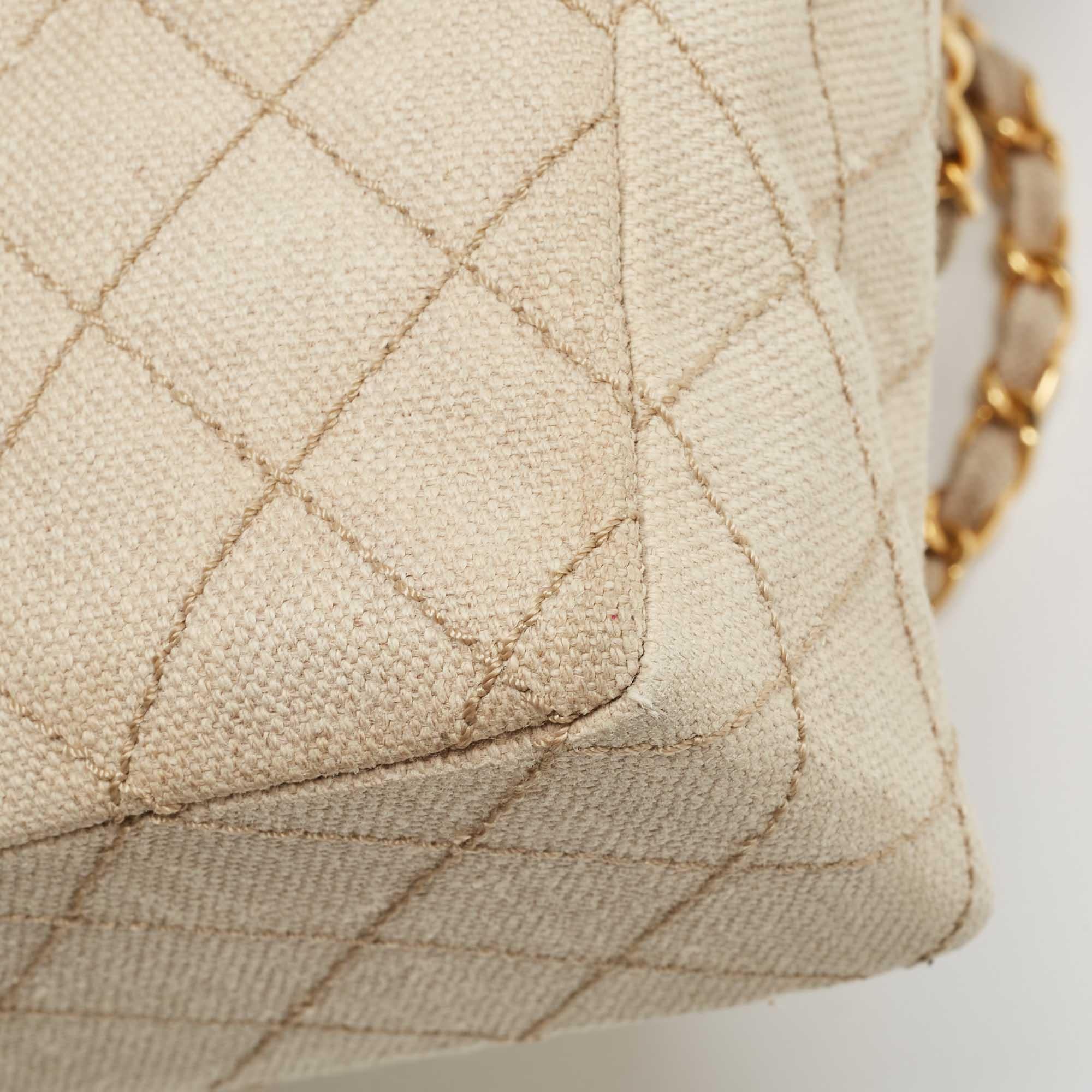 Chanel Light Beige Quilted Canvas Jumbo Classic Single Flap Bag 8