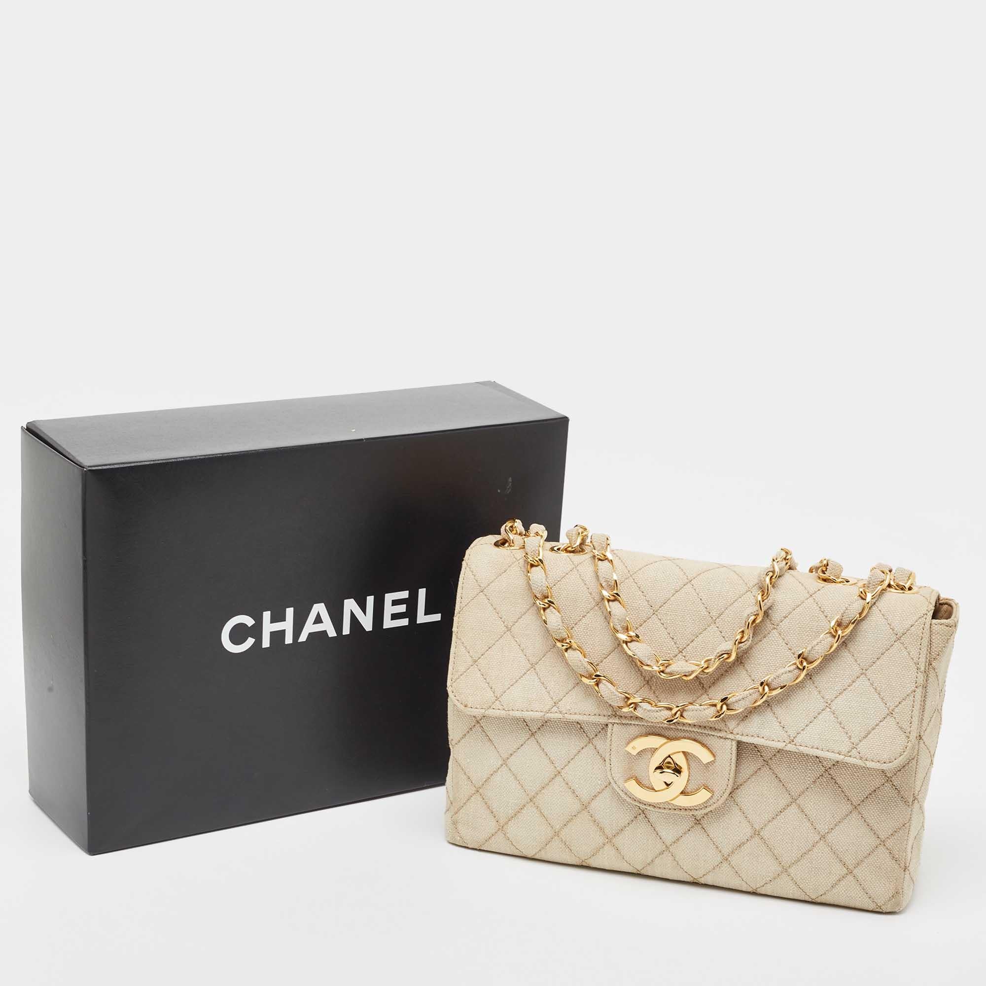 Chanel Light Beige Quilted Canvas Jumbo Classic Single Flap Bag 15