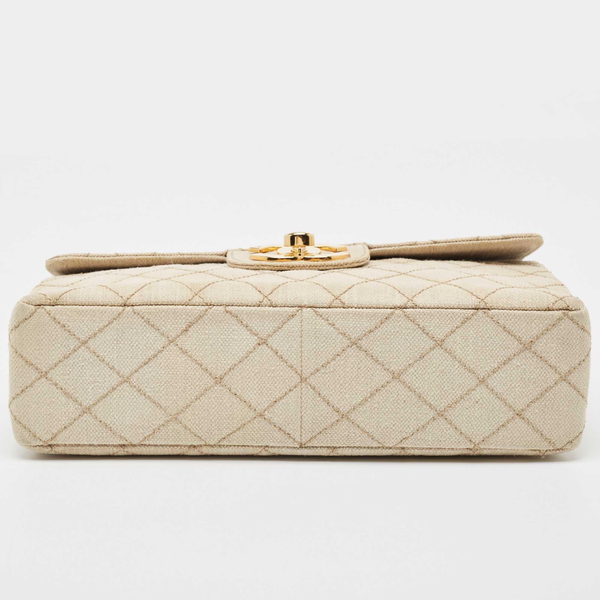 Chanel Light Beige Quilted Canvas Jumbo Classic Single Flap Bag 2