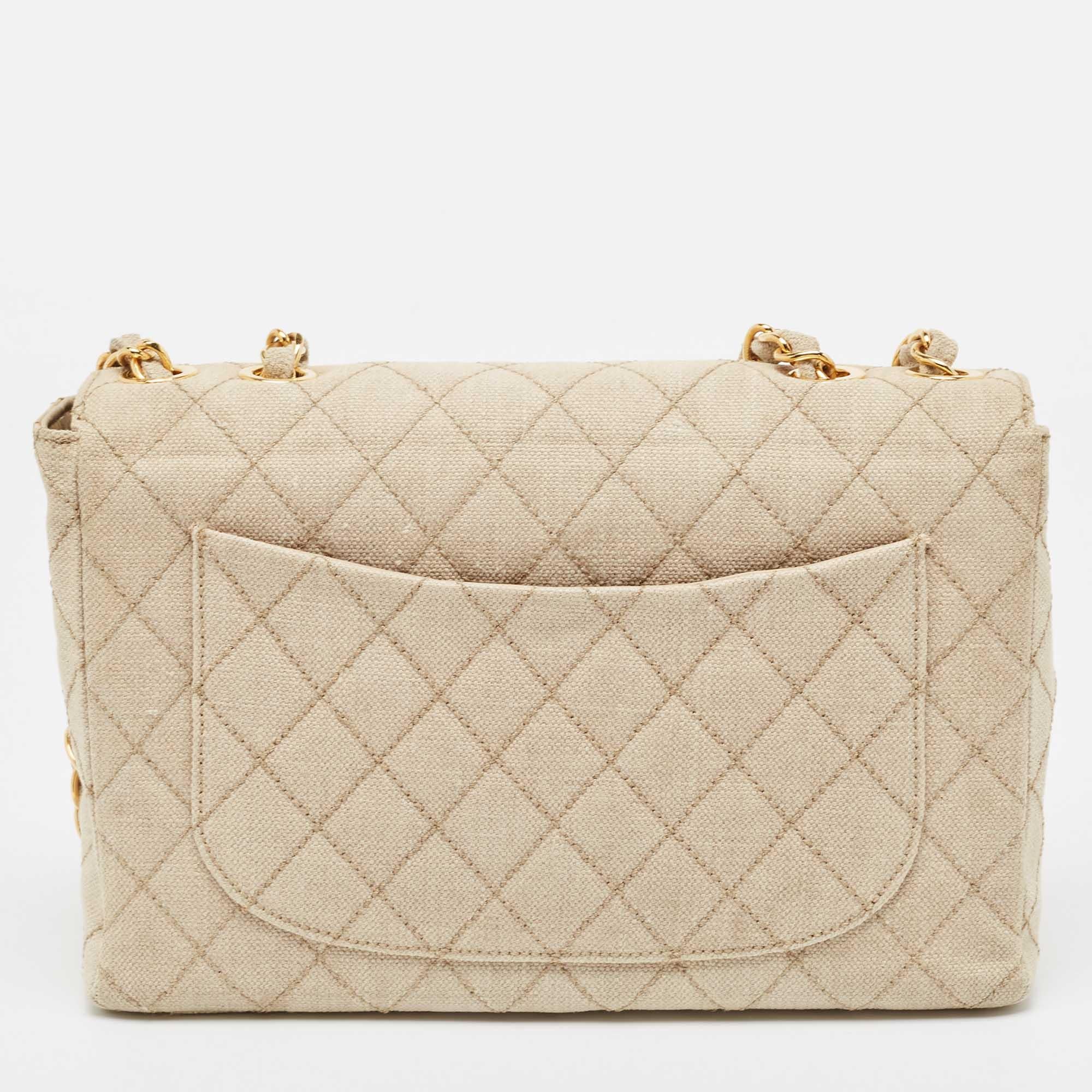 Chanel Light Beige Quilted Canvas Jumbo Classic Single Flap Bag 3