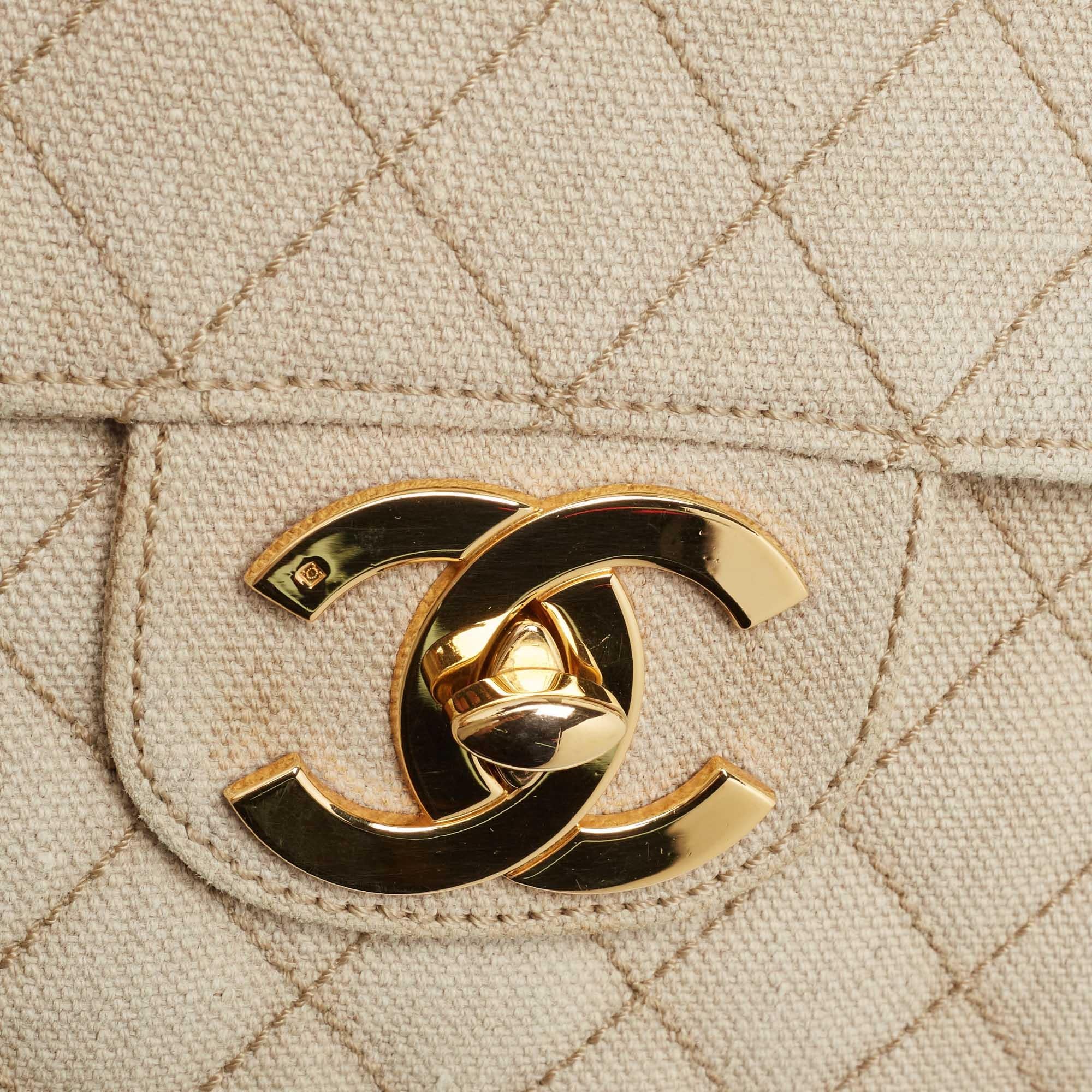 Chanel Light Beige Quilted Canvas Jumbo Classic Single Flap Bag 5