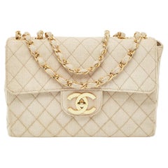 Vintage Chanel Light Beige Quilted Canvas Jumbo Classic Single Flap Bag