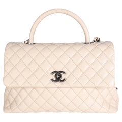 Chanel Light Beige Quilted Caviar Large Coco Top Handle Flap Bag
