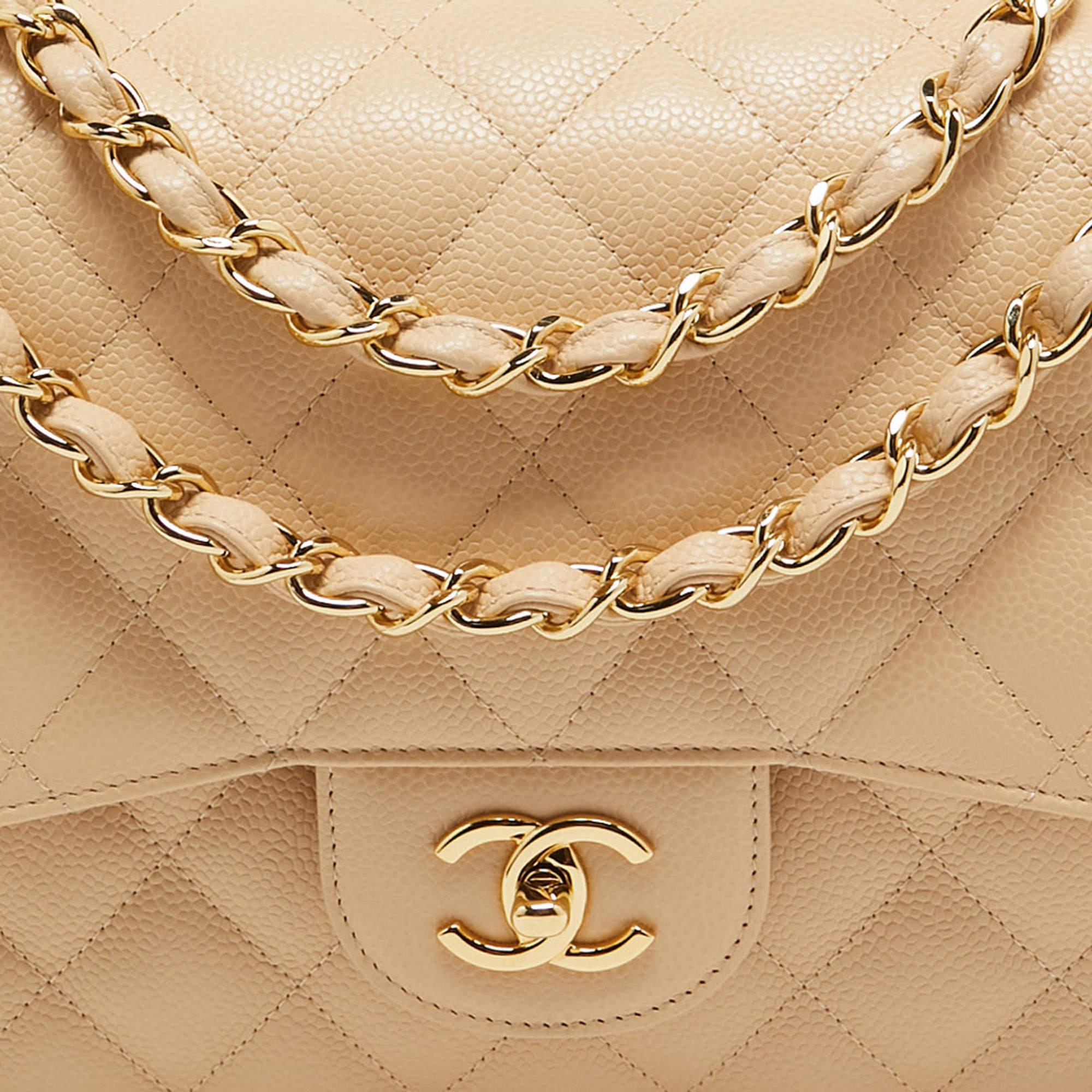 Chanel Light Beige Quilted Caviar Leather Jumbo Classic Double Flap Bag For Sale 6