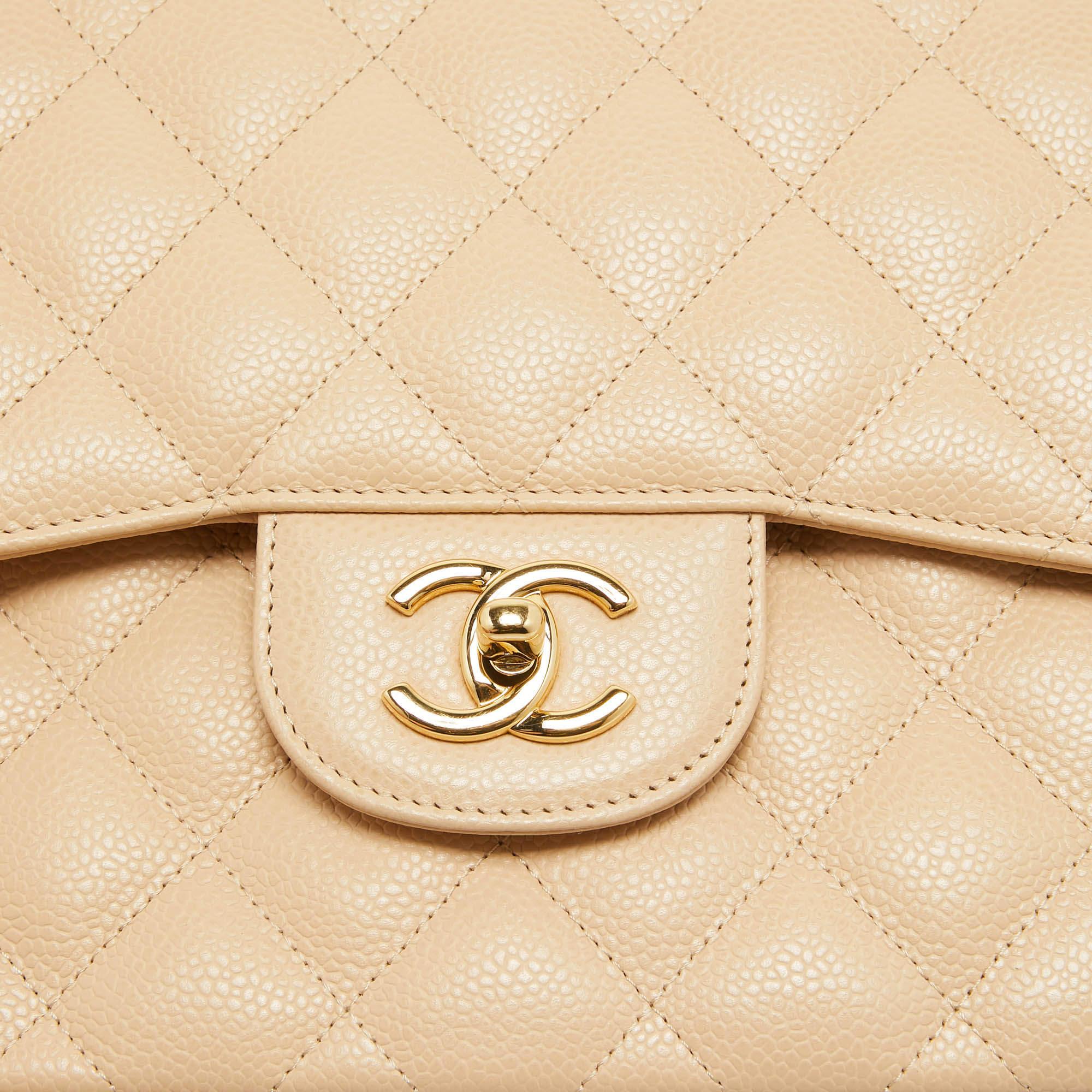 Chanel Light Beige Quilted Caviar Leather Jumbo Classic Double Flap Bag For Sale 7