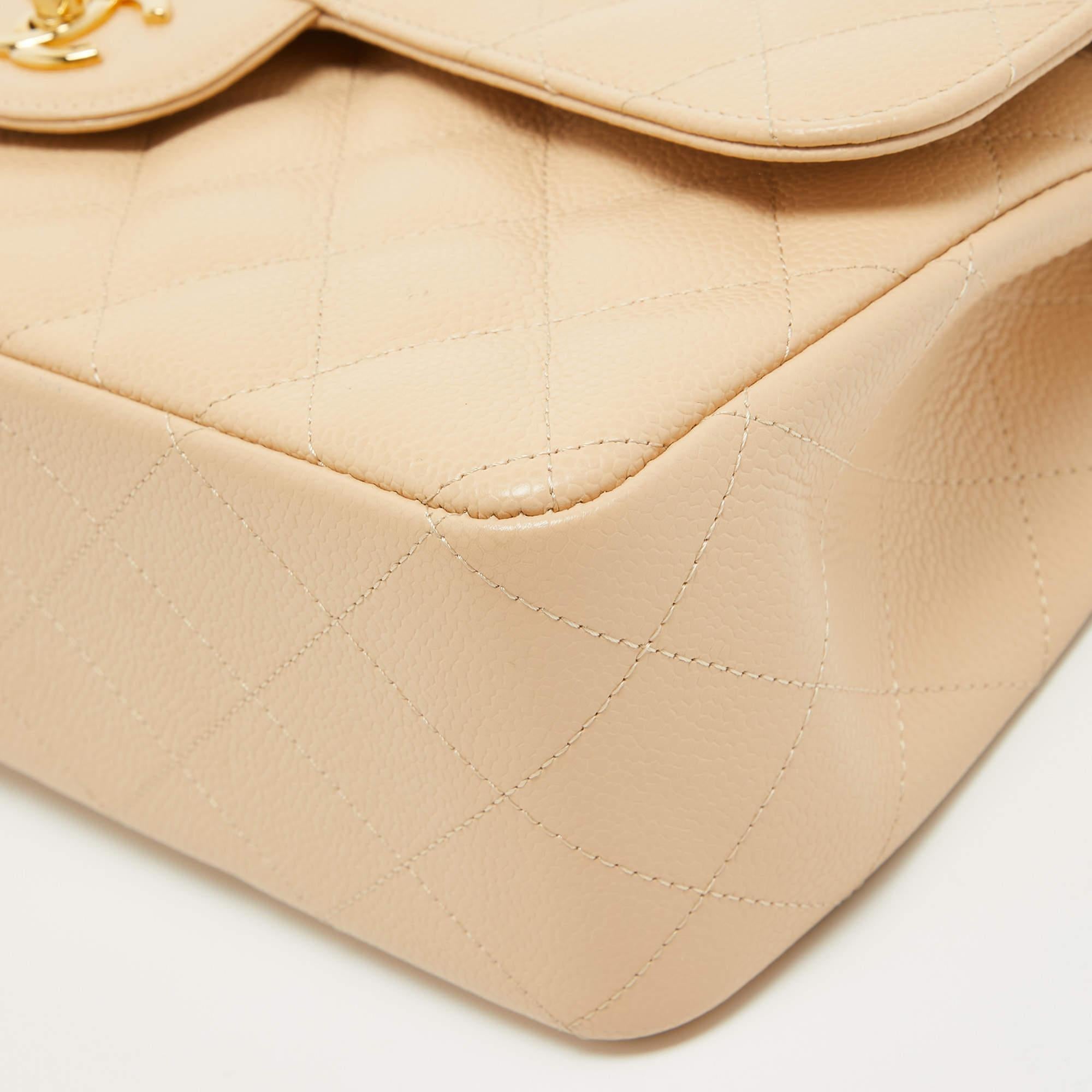 Chanel Light Beige Quilted Caviar Leather Jumbo Classic Double Flap Bag For Sale 2